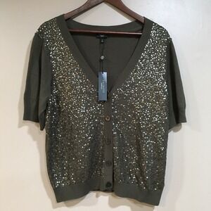 Talbots Sequin V-Neck Cardigan Sweater Womens XL Petite Olive Green Holiday Glam